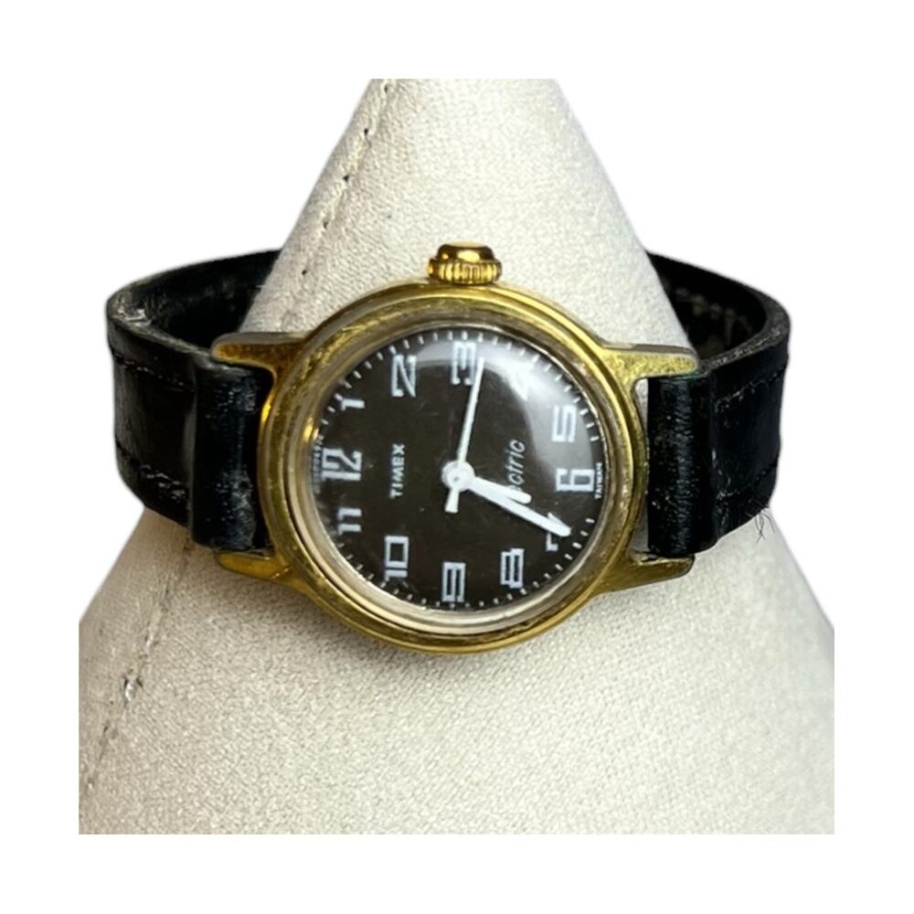 Vintage Timex Electric Black Dial Gold Tone Watch Leather Strap
